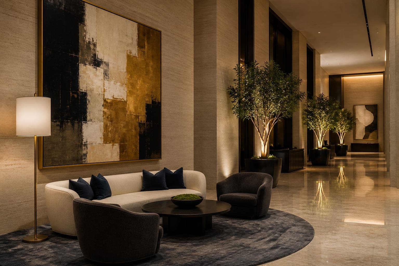 A quietly lit hotel lounge with a large abstract painting in a brass frame
