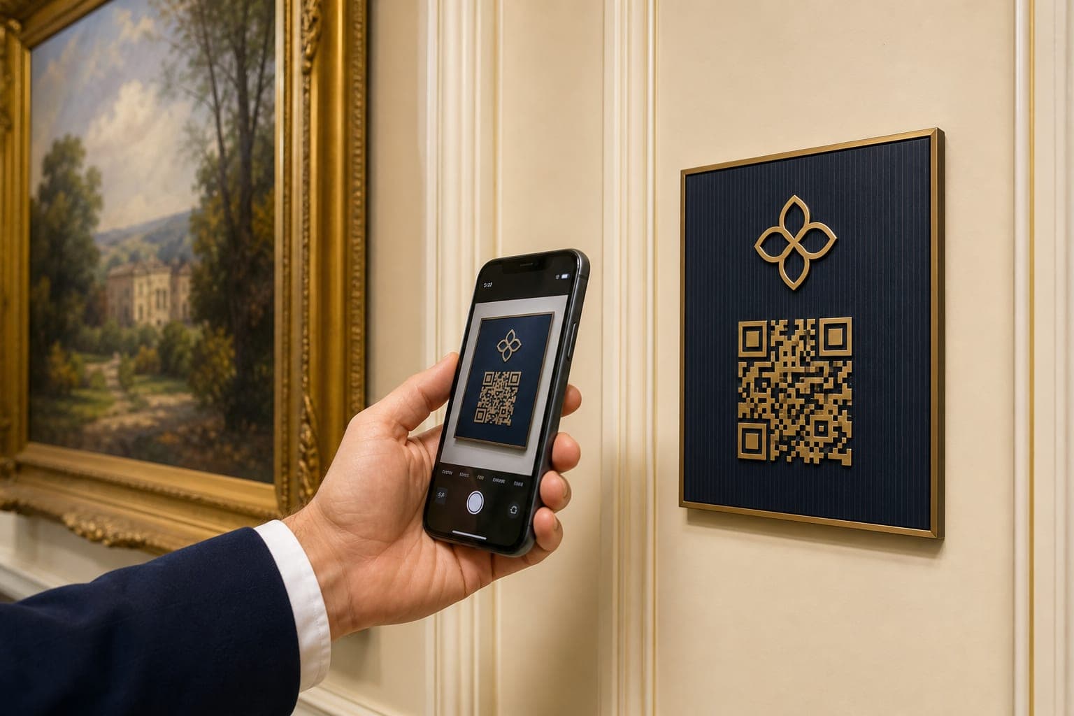 A guest scanning a brass QR plaque beside a painting in a hotel corridor