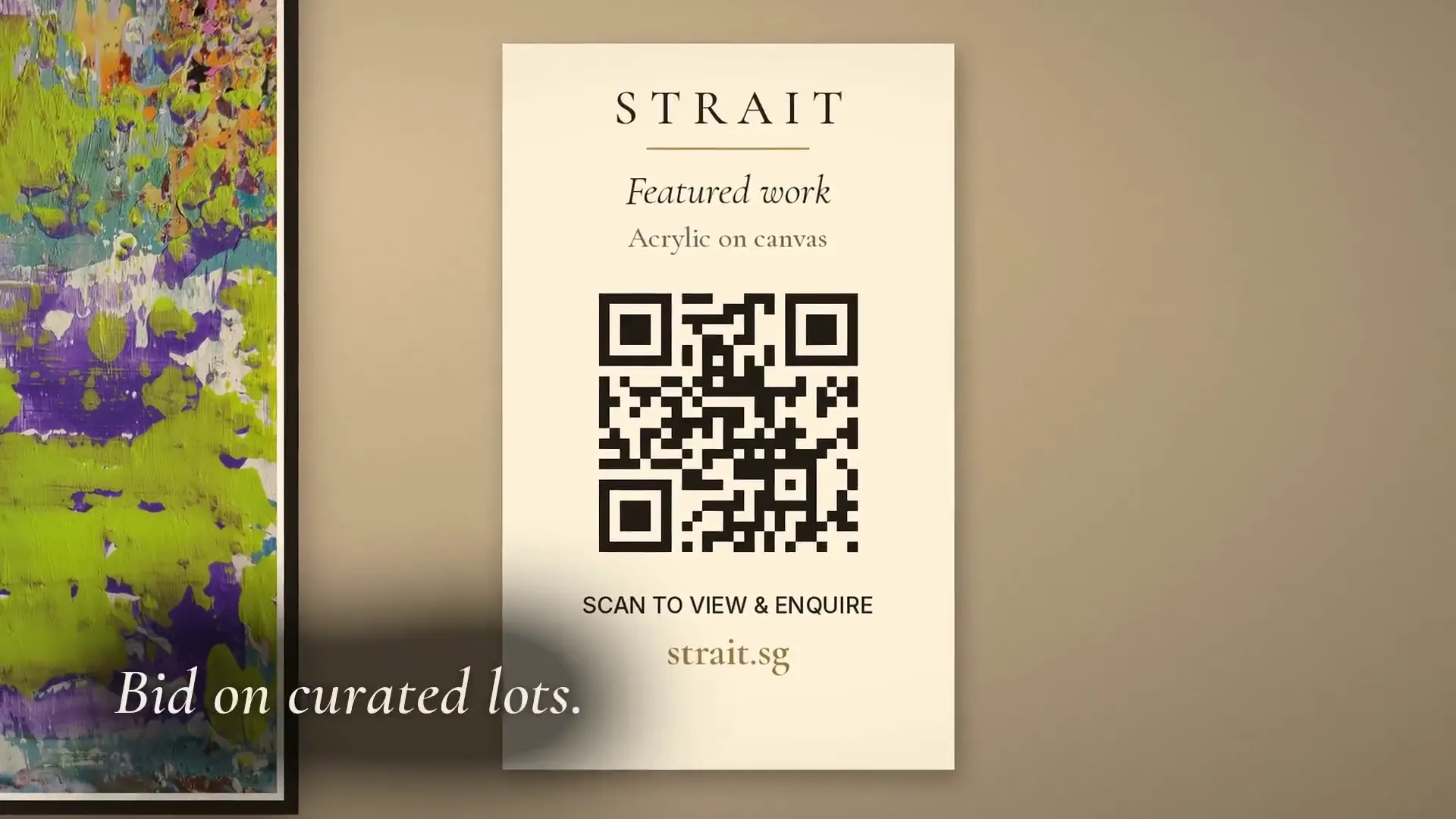 Still from the film: a QR plaque on a hotel wall, with the words Bid on curated lots.