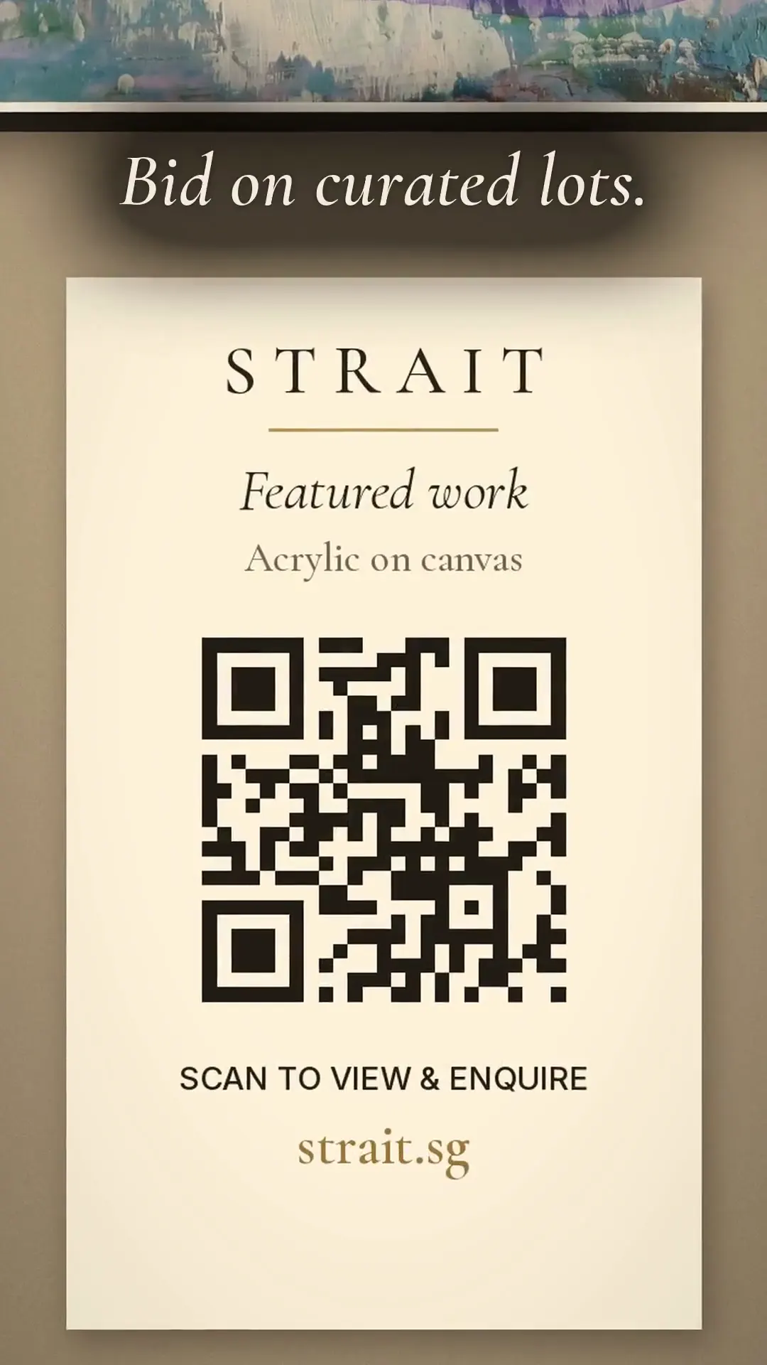 Still from the film: a QR plaque on a hotel wall, with the words Bid on curated lots.